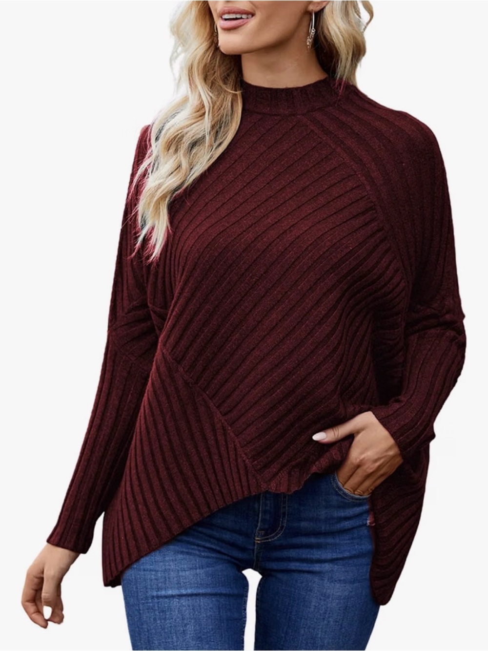 JASAMBAC Women's Turtleneck Sweater Batwing Long Sleeve Asymmetric Hem Oversized